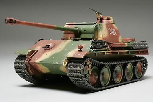 Tamiya 1/48 Panther Ausf.G tank kit, built model in three-tone camouflage, front three-quarter view