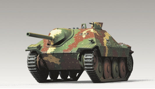Tamiya 1/48 Hetzer mid-production tank destroyer kit, built model in camouflage, front view