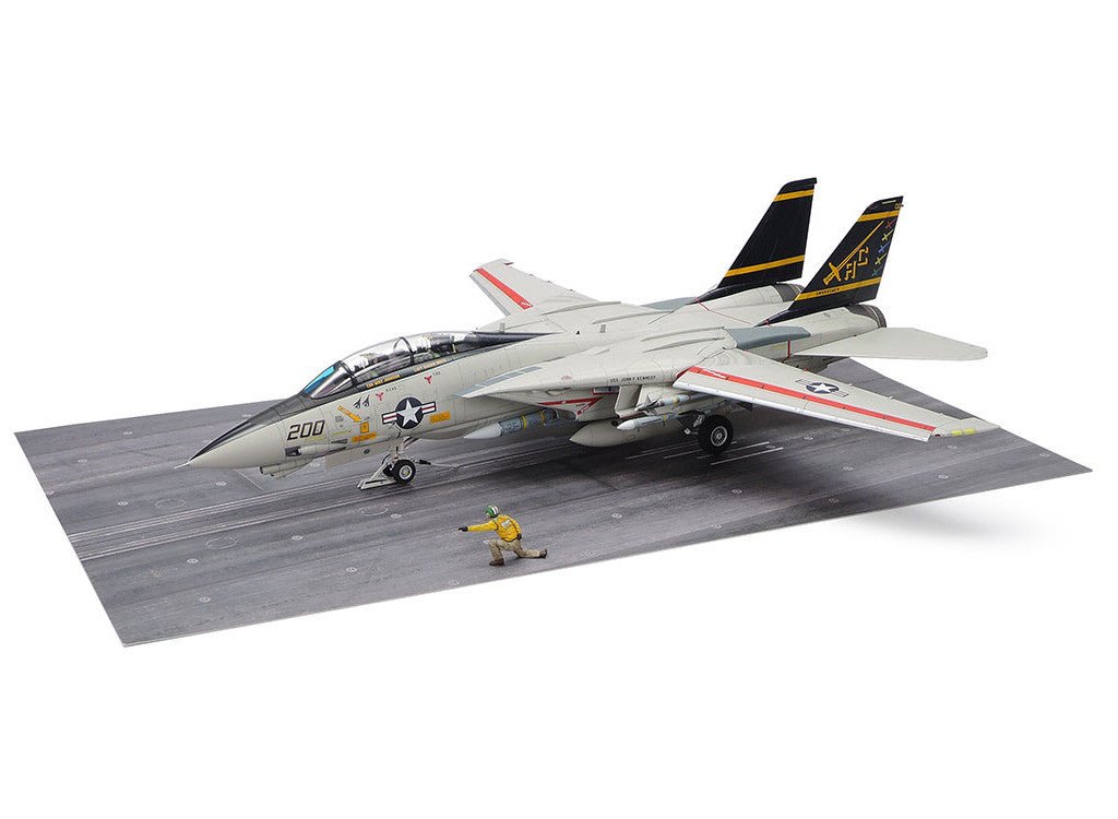 Tamiya 1/48 F-14A Tomcat carrier launch set, built model on the deck base with deck crew figure
