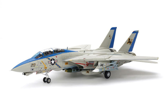 Tamiya 1/48 F-14D Tomcat kit, built model with blue tail markings, side view with gear down