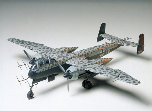Tamiya 1/48 Heinkel He 219 Uhu kit, built night fighter model in mottled camouflage with radar aerials