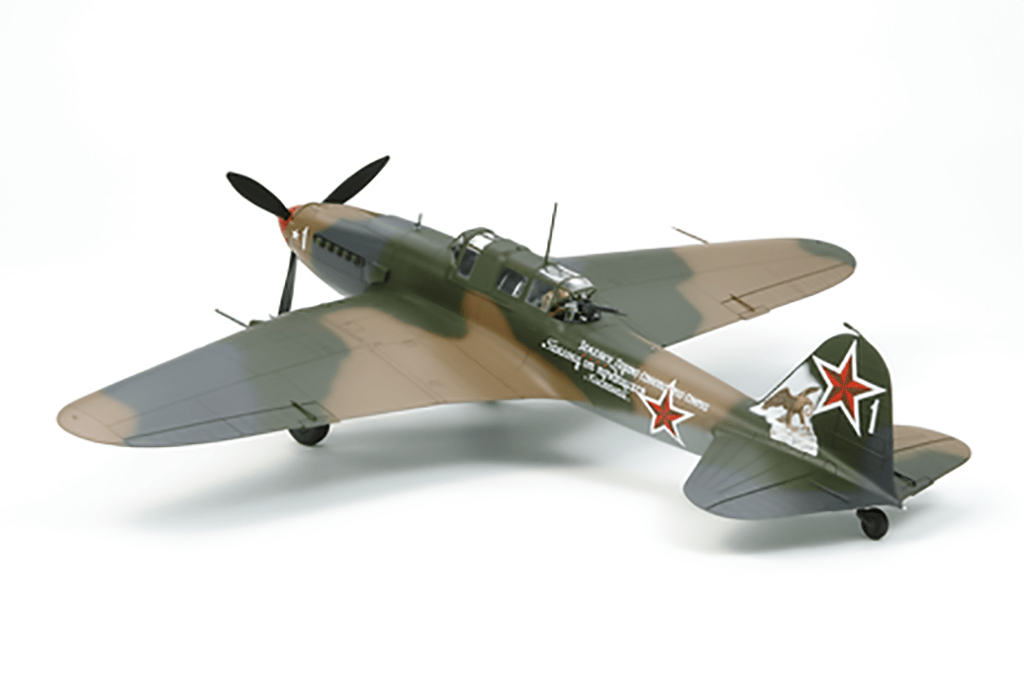 Tamiya 1/48 Ilyushin Il-2 Shturmovik kit, built camouflaged model with red stars, rear three-quarter view