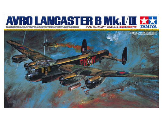 Tamiya 1/48 Avro Lancaster B Mk.I/III kit, box art showing the bomber over a burning target