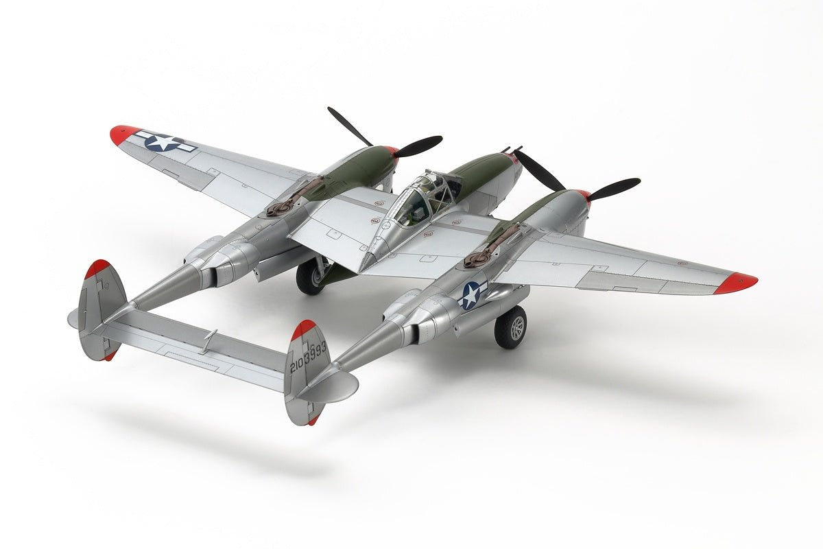 Tamiya 1/48 Lockheed P-38J Lightning kit, built silver model with olive nose, rear three-quarter view