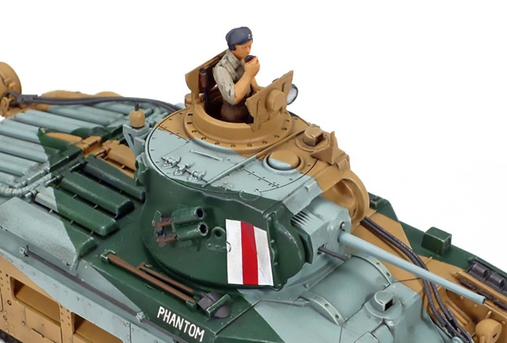 Tamiya 1/48 Matilda Mk.III/IV tank kit, close-up of the turret, commander figure and recognition flash