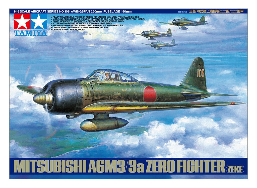 Tamiya 1/48 Mitsubishi A6M3/3a Zero kit, box art of Zero fighters flying above clouds