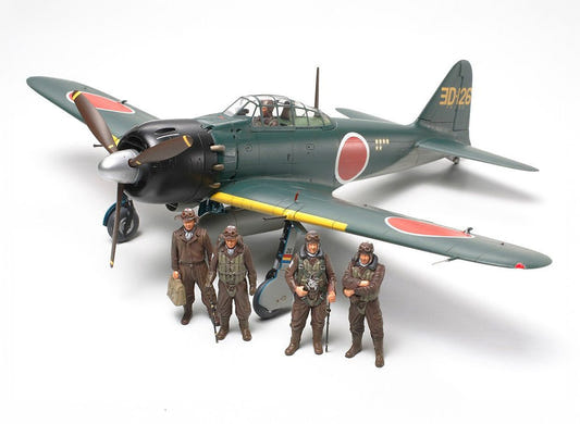 Tamiya 1/48 Mitsubishi A6M5/5a Zero kit, built dark green model with four pilot figures in front