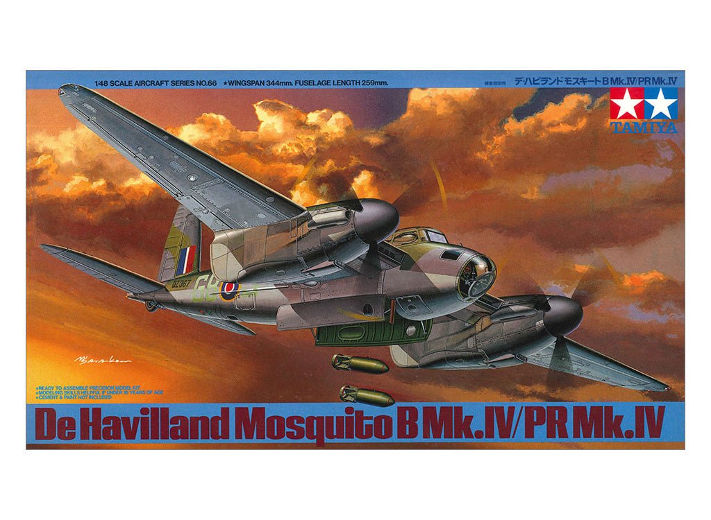 Tamiya 1/48 de Havilland Mosquito B Mk.IV kit, box art of two Mosquitoes against an orange sky