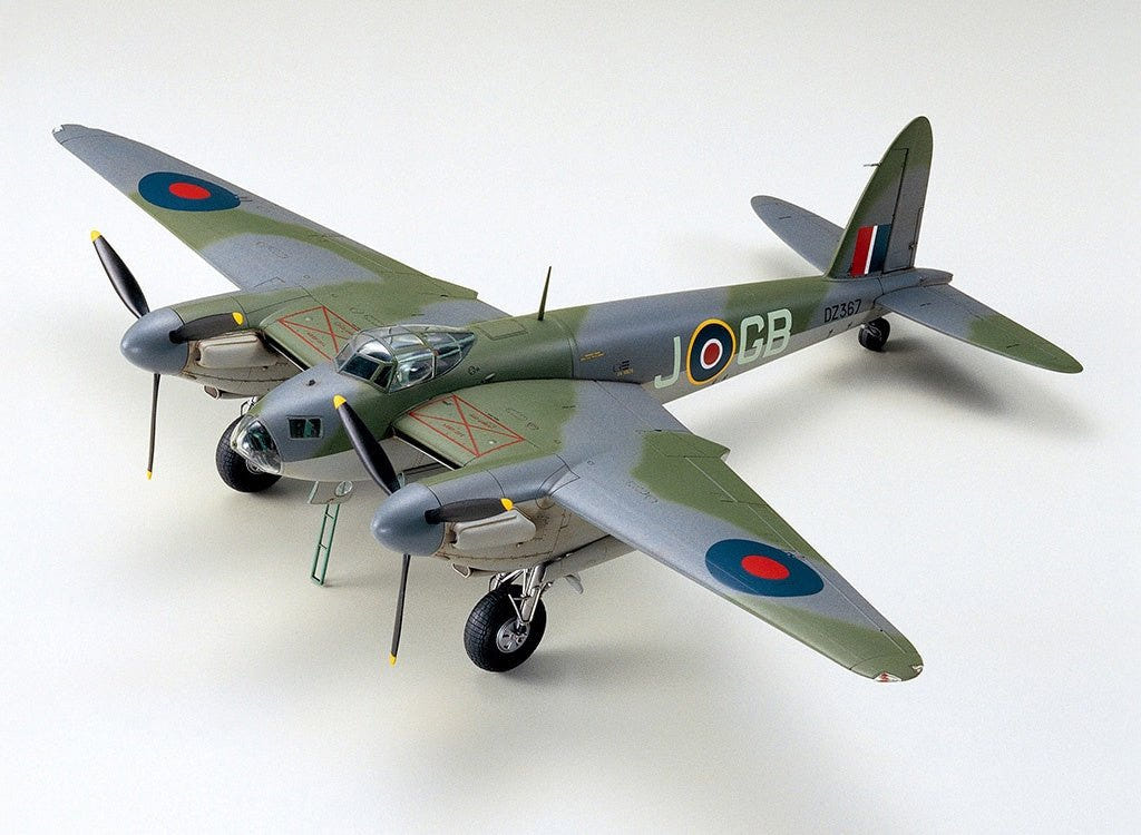 Tamiya 1/48 de Havilland Mosquito B Mk.IV kit, built model in RAF camouflage, front three-quarter view
