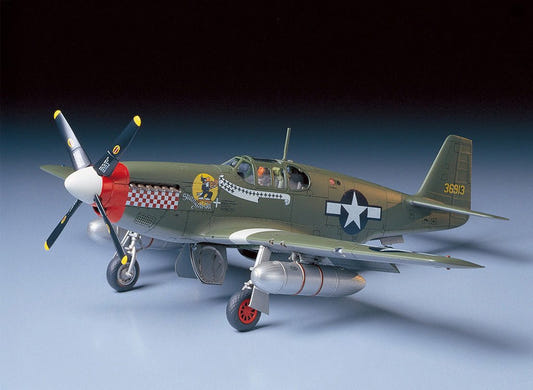 Tamiya 1/48 North American P-51B Mustang kit, built olive drab model with checkered nose band