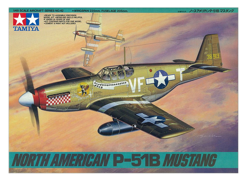 Tamiya 1/48 North American P-51B Mustang kit, box art of the fighter in flight with VF-T markings