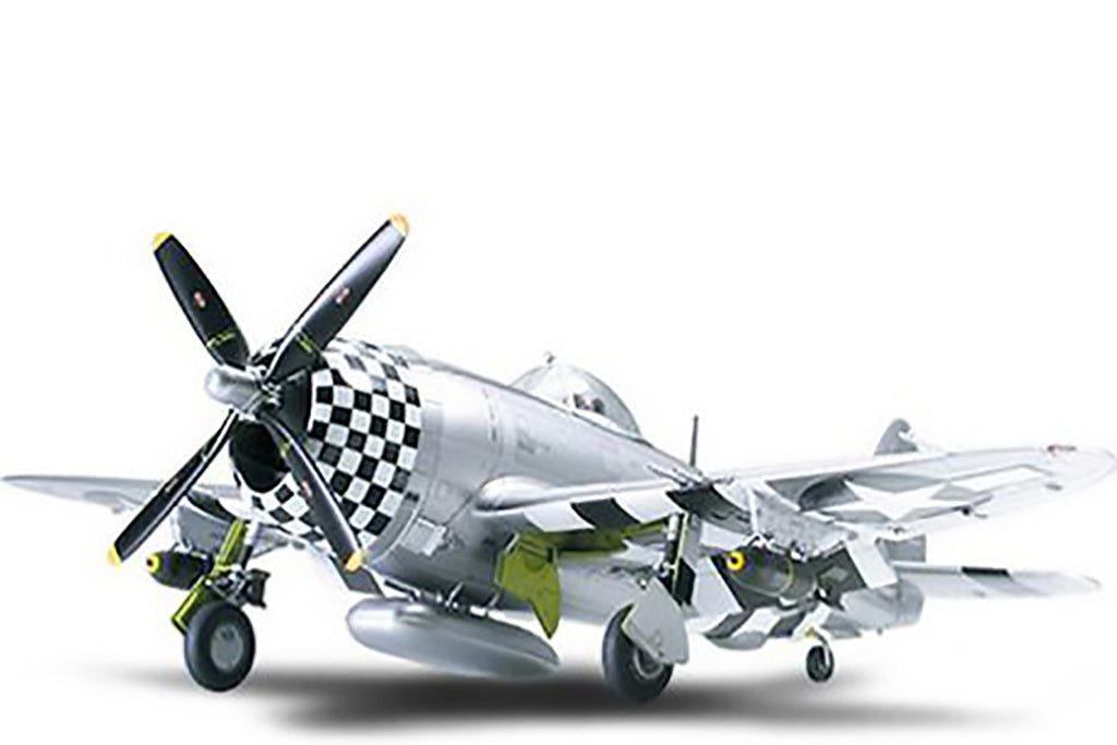 Tamiya 1/48 P-47D Thunderbolt Bubbletop kit, built model with invasion stripes, front three-quarter view