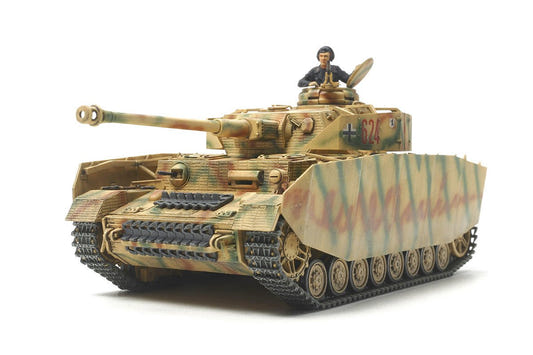 Tamiya 1/48 Panzer IV Ausf.H late production kit, built model with side skirts and commander, front view