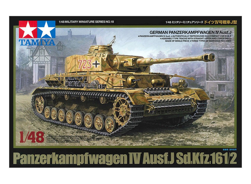 Tamiya 1/48 Panzer IV Ausf.J Sd.Kfz.161/2 kit, box art of the tank in a ruined village