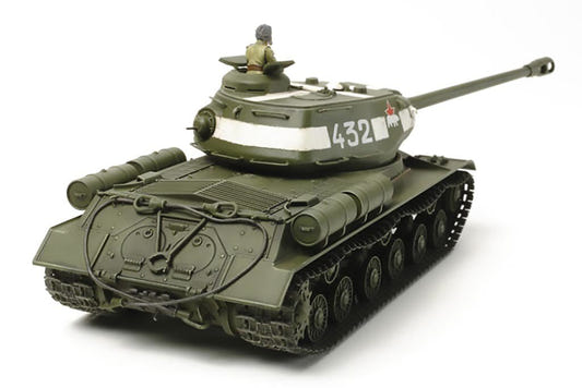 Tamiya 1/48 JS-2 1944 heavy tank kit, built green model with commander figure, rear three-quarter view