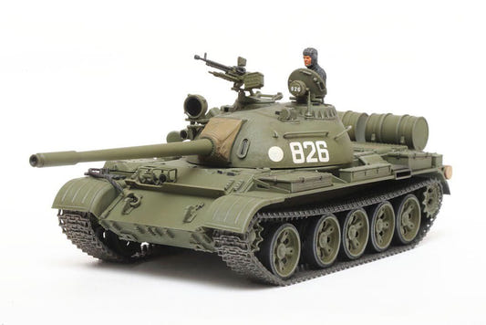 Tamiya 1/48 T-55 medium tank kit, built green model with turret number 826, front three-quarter view