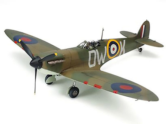 Tamiya 1/48 Supermarine Spitfire Mk.I kit, built model in RAF camouflage with DW codes, front three-quarter view