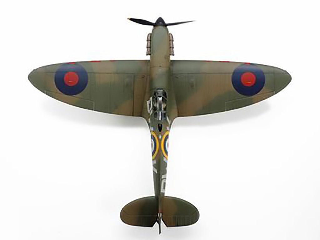 Tamiya 1/48 Supermarine Spitfire Mk.I kit, built camouflaged model viewed from directly above