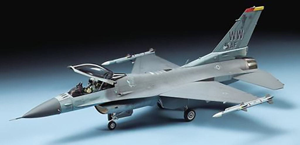 Tamiya 1/72 F-16CJ Block 50 Fighting Falcon kit, built model with open canopy on a dark background