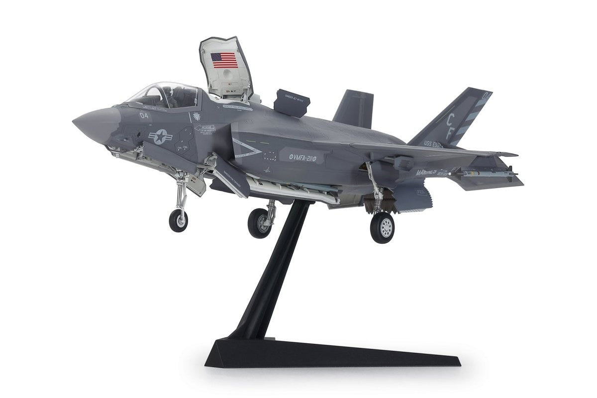 Tamiya 1/72 F-35B Lightning II kit, built model on its display stand, side view