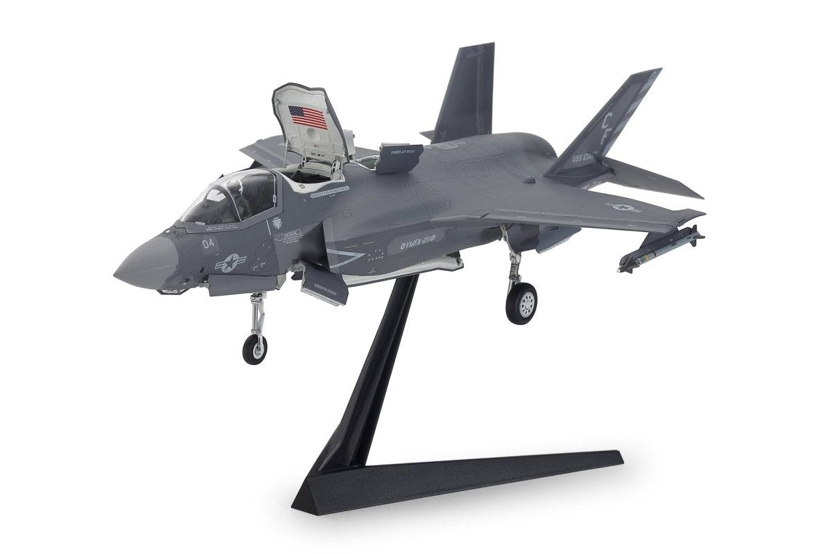 Tamiya 1/72 F-35B Lightning II kit, built grey model in hover pose on its display stand
