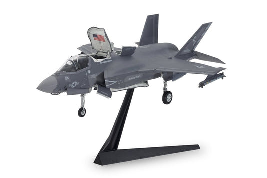 Tamiya 1/72 F-35B Lightning II kit, built grey model in hover pose on its display stand