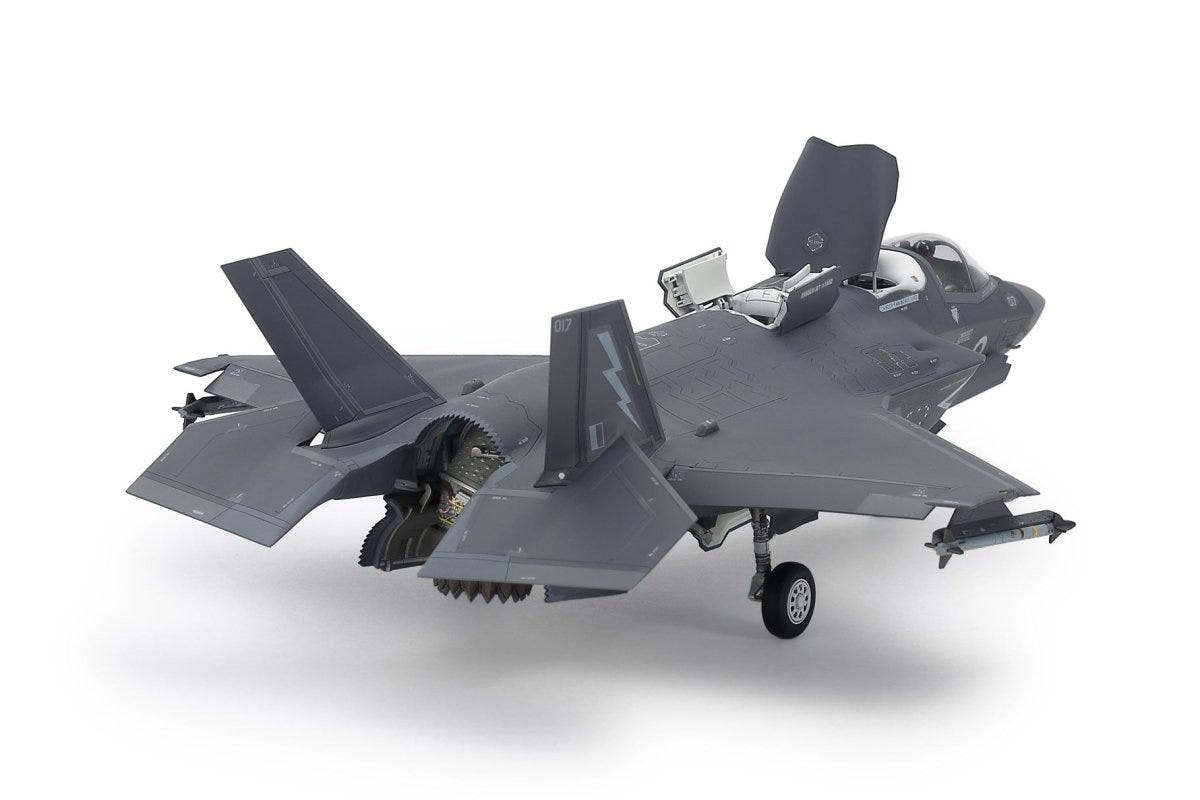 Tamiya 1/72 F-35B Lightning II kit, built model with lift fan doors open, rear three-quarter view