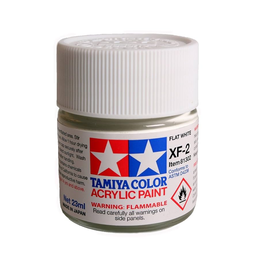 Tamiya Color Acrylic Paint XF-2 Flat White jar with white cap and red, white and blue star label
