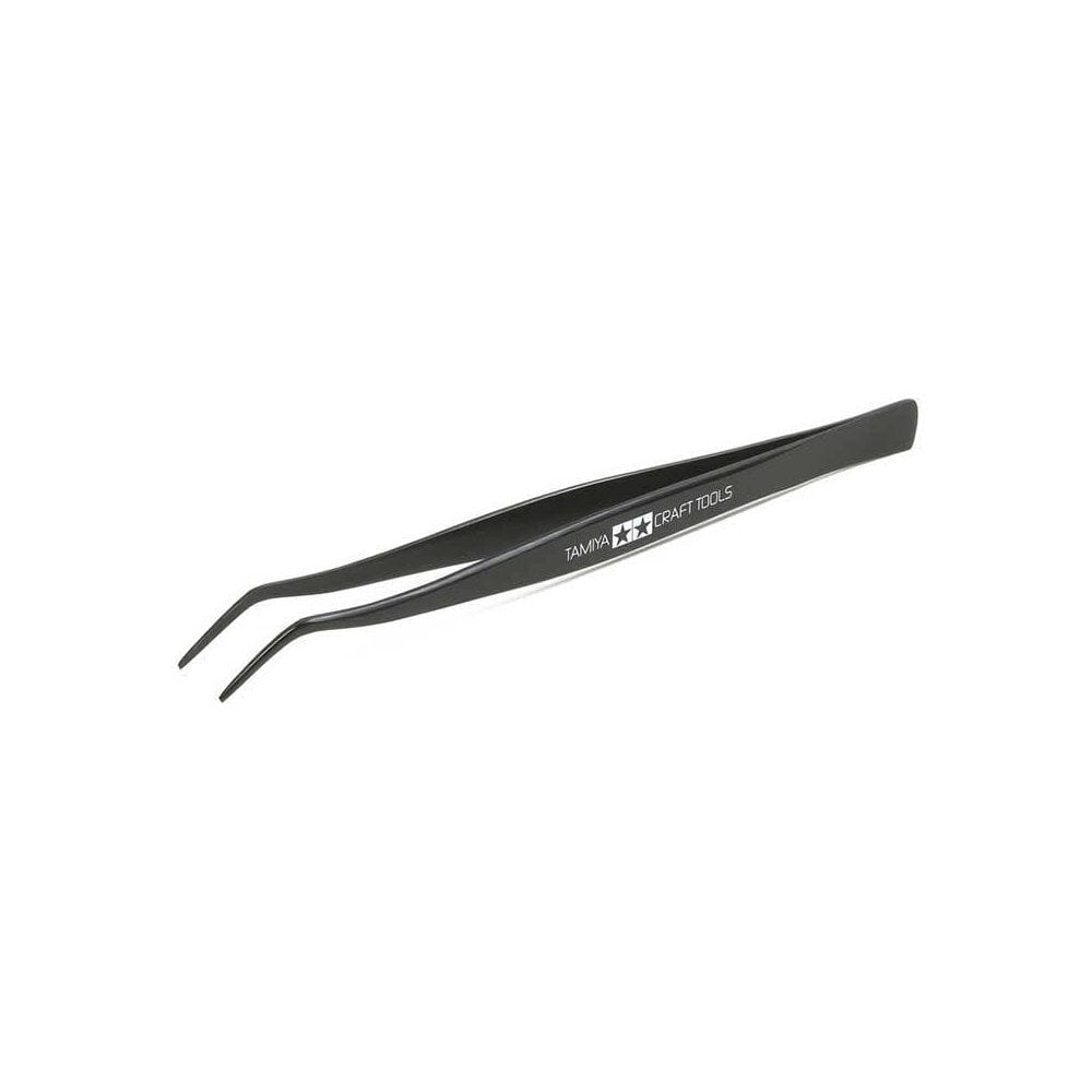 Tamiya angled tweezers with fine bent tips for placing small parts and decals