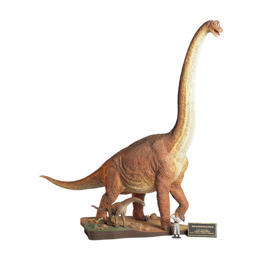 Tamiya 1/35 Brachiosaurus diorama kit, painted dinosaur with juvenile and human figure on a base, white background
