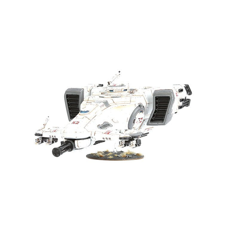 Painted T'au Empire Devilfish on its flying base, side view