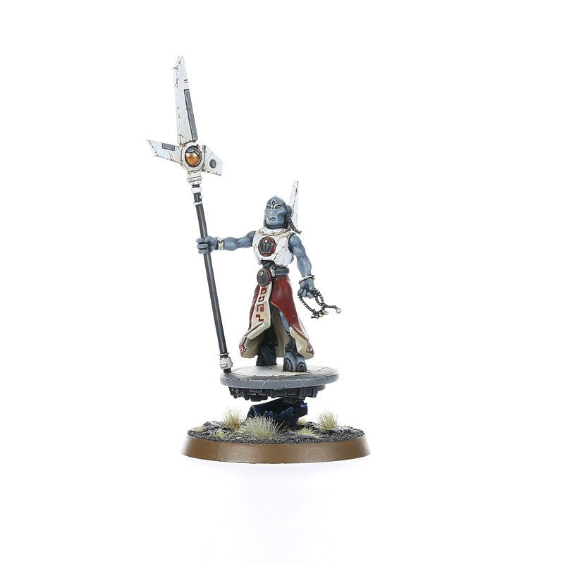 Painted T'au Ethereal miniature seen from a three-quarter angle, holding a tall ceremonial staff