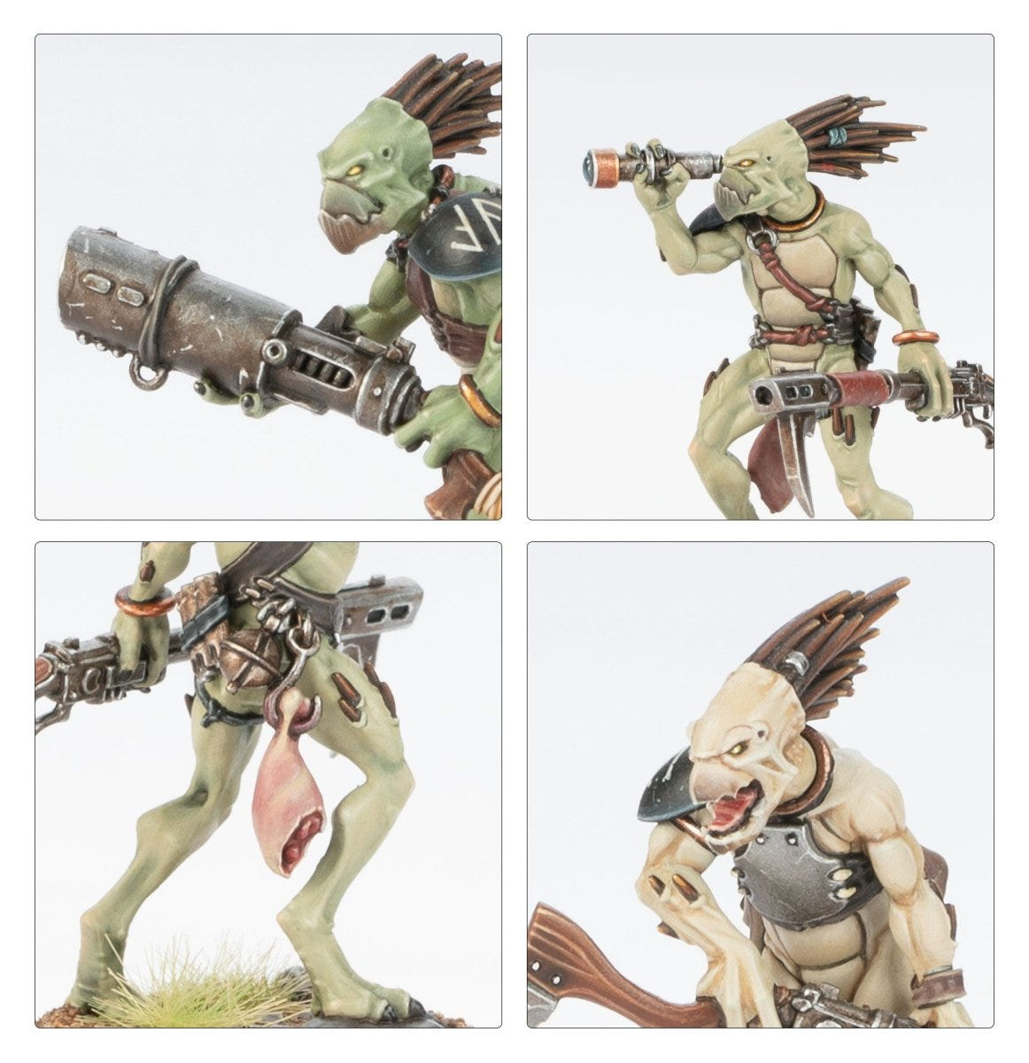 Detail shots of painted Kroot Carnivores' weapons, trophies and faces