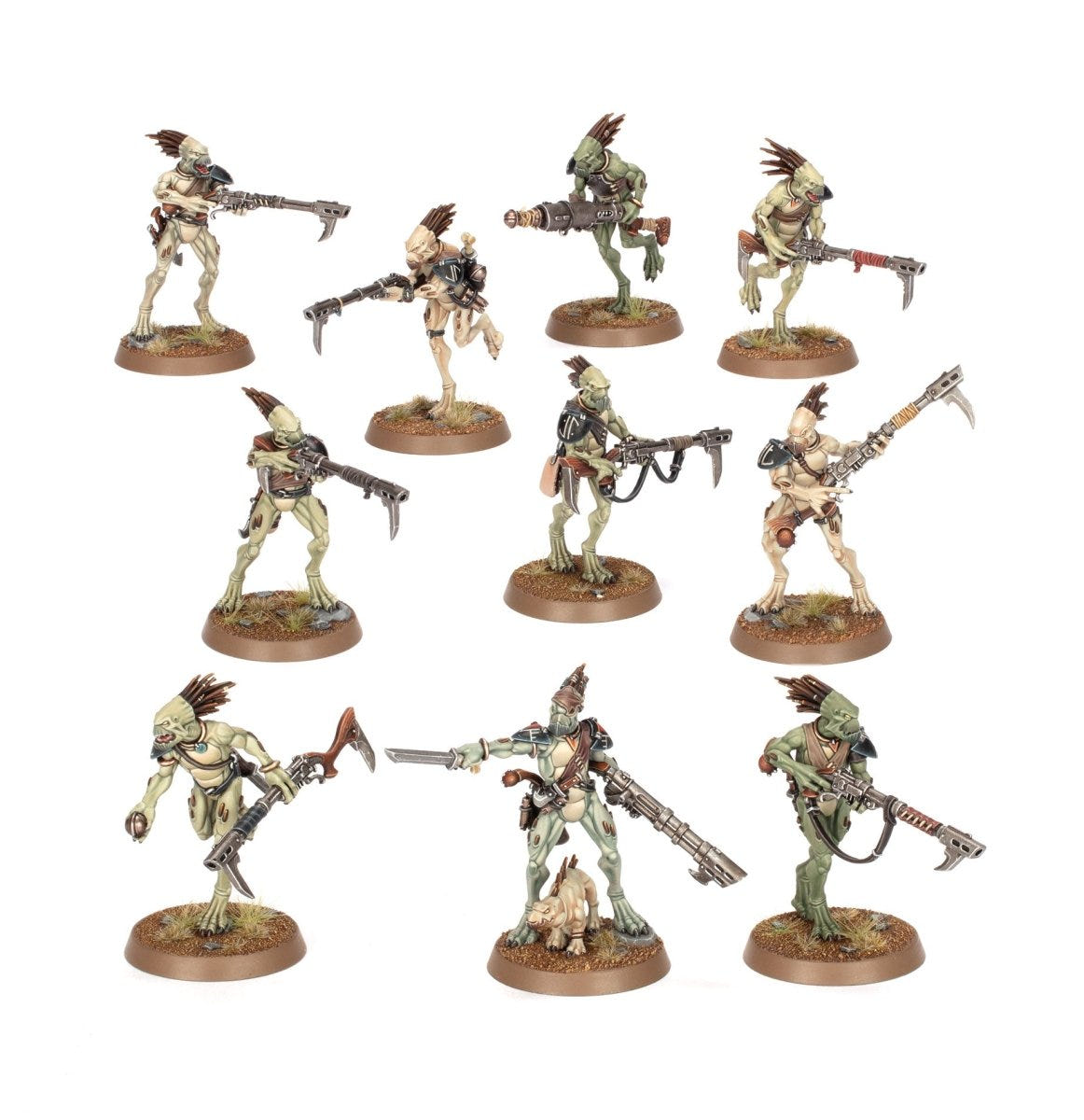 Ten painted Kroot Carnivores in pale green skin tones, alternative colour scheme