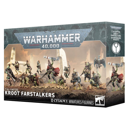 Warhammer 40,000 Kroot Farstalkers miniature figures box set, featuring 12 citizen miniatures on a dark, sci-fi themed retail box.