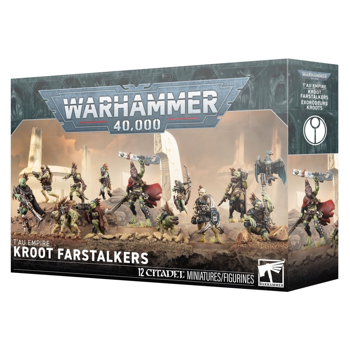 Warhammer 40,000 Kroot Farstalkers miniature figures box set, featuring 12 citizen miniatures on a dark, sci-fi themed retail box.