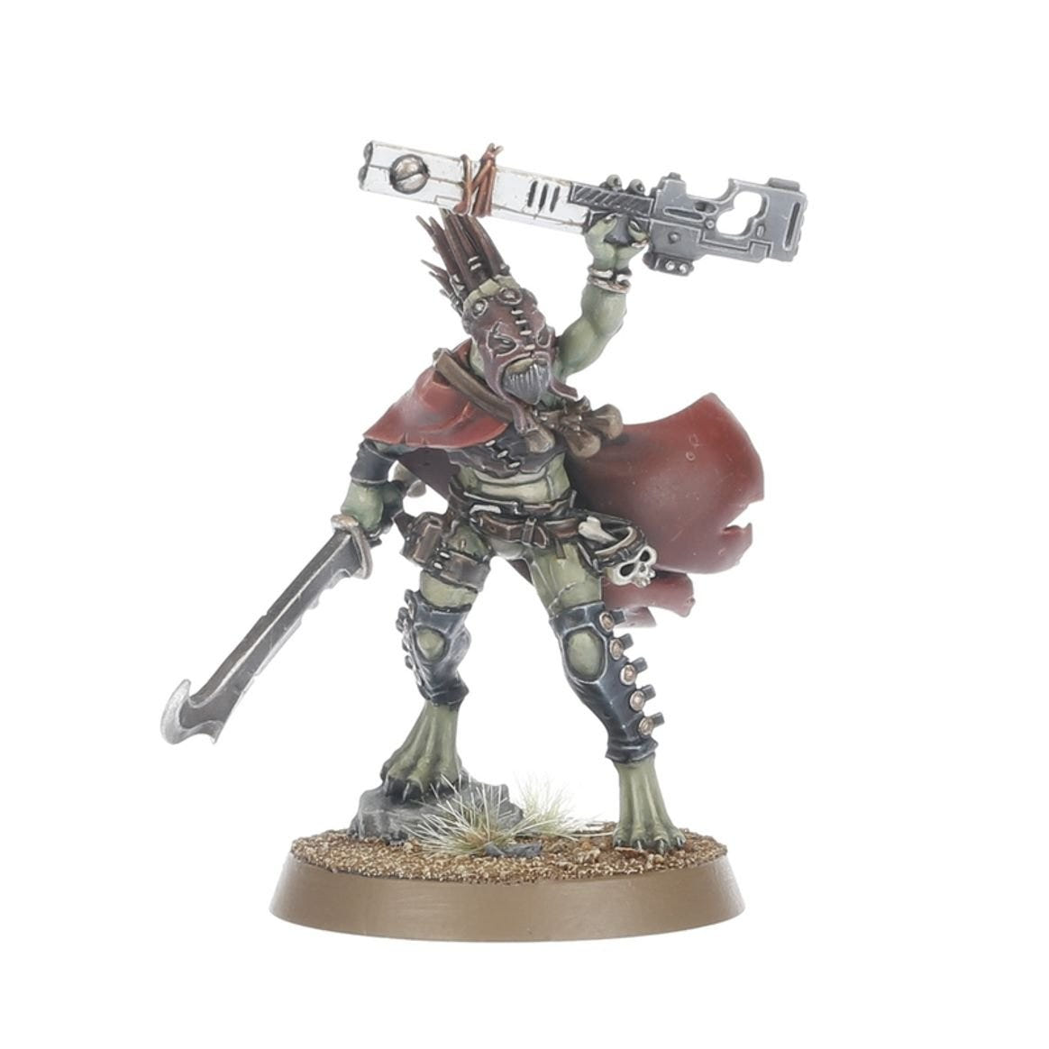 Painted Kroot Farstalker holding a long rifle aloft and a hooked blade, wearing a red cloak