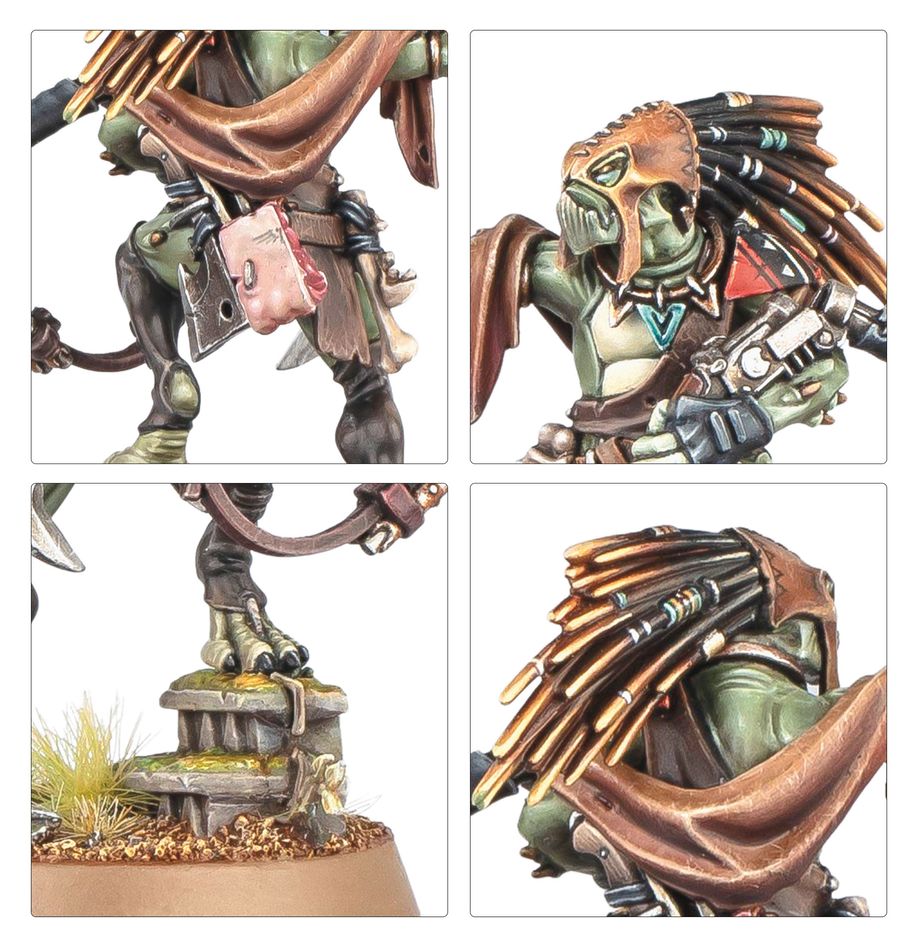 Close-ups of the painted Kroot Trail Shaper: satchel, head quills, base and cloak