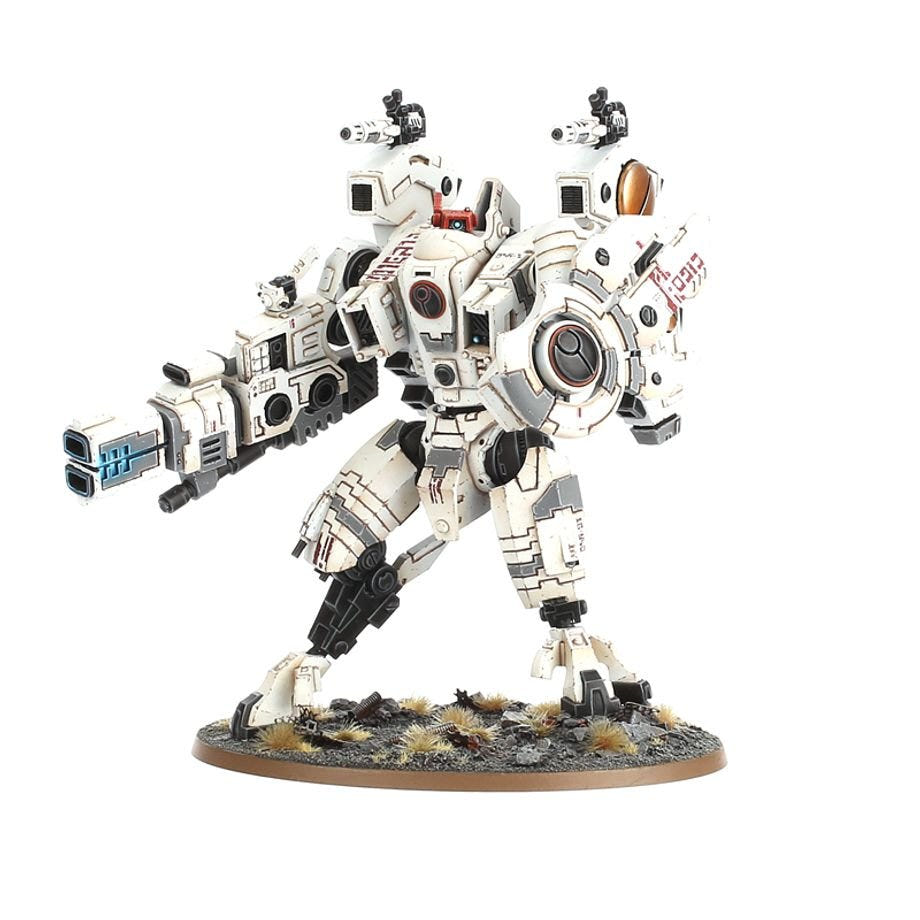 Painted T'au Riptide Battlesuit in white and grey with ion accelerator, shown without drones