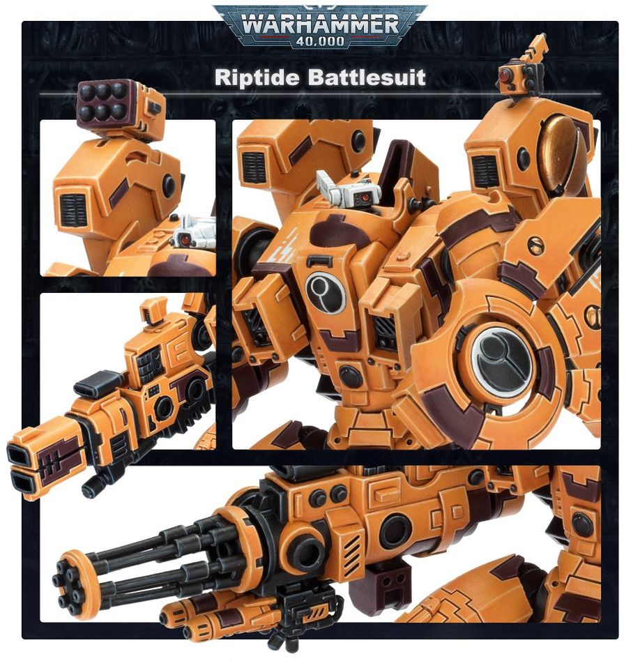 Riptide Battlesuit close-ups painted in orange T'au colours with rotary burst cannon and missile pod