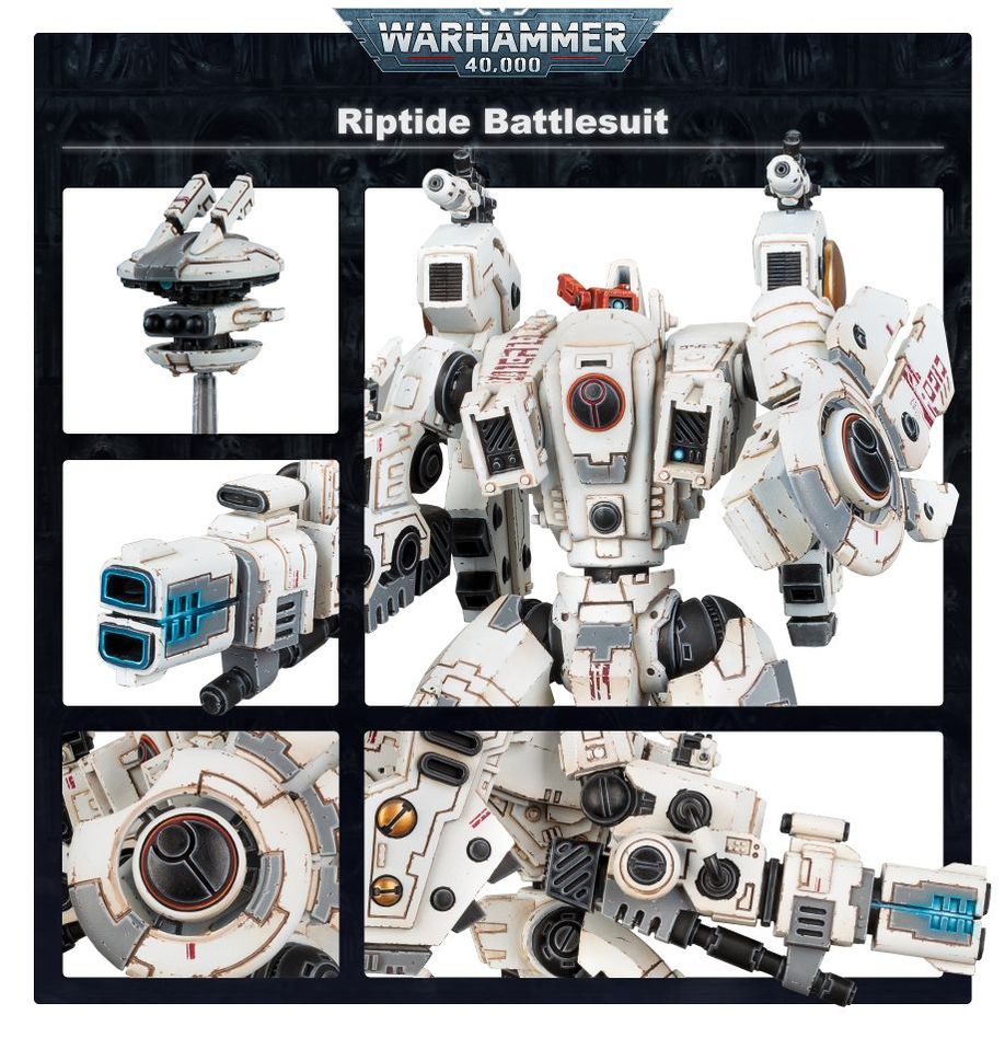 T'au Riptide Battlesuit close-up panel of drones, weapon barrel, torso and shoulder detail in white