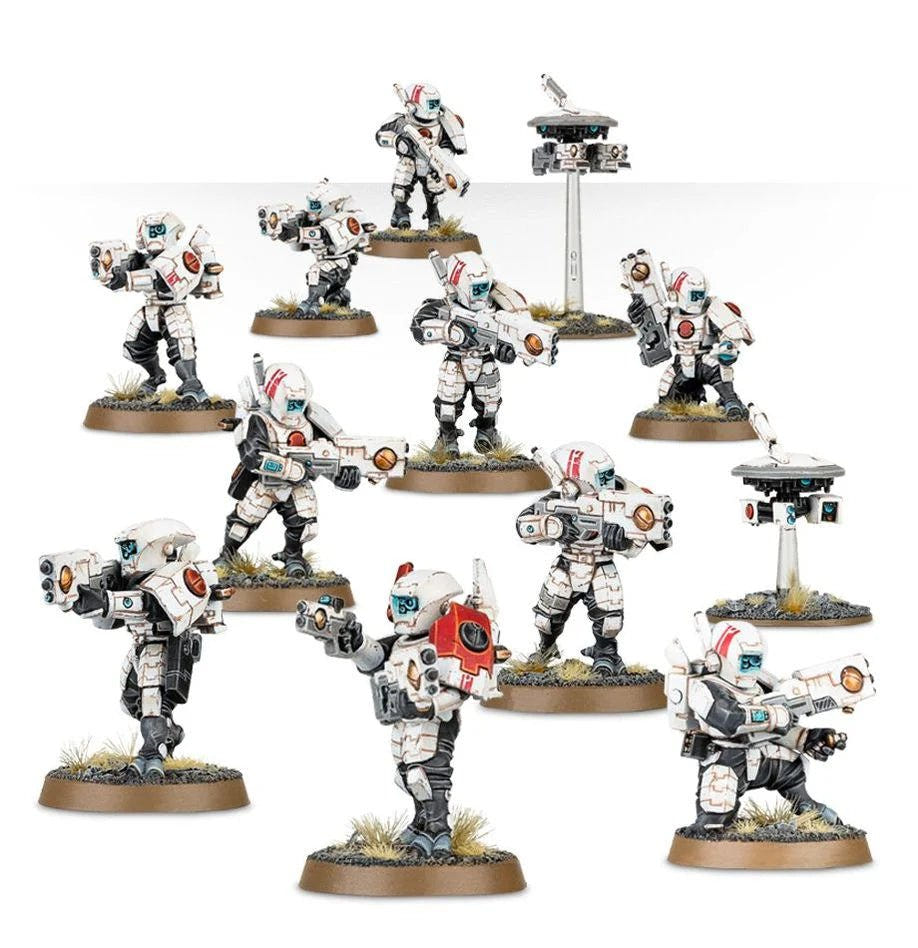 Painted T'au Fire Warriors with pulse rifles and support drones, T'au Empire Combat Patrol