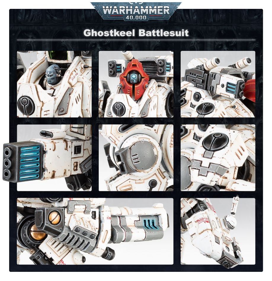 Close-up details of the painted T'au Ghostkeel Battlesuit: pilot, sensor head, weapons and armour