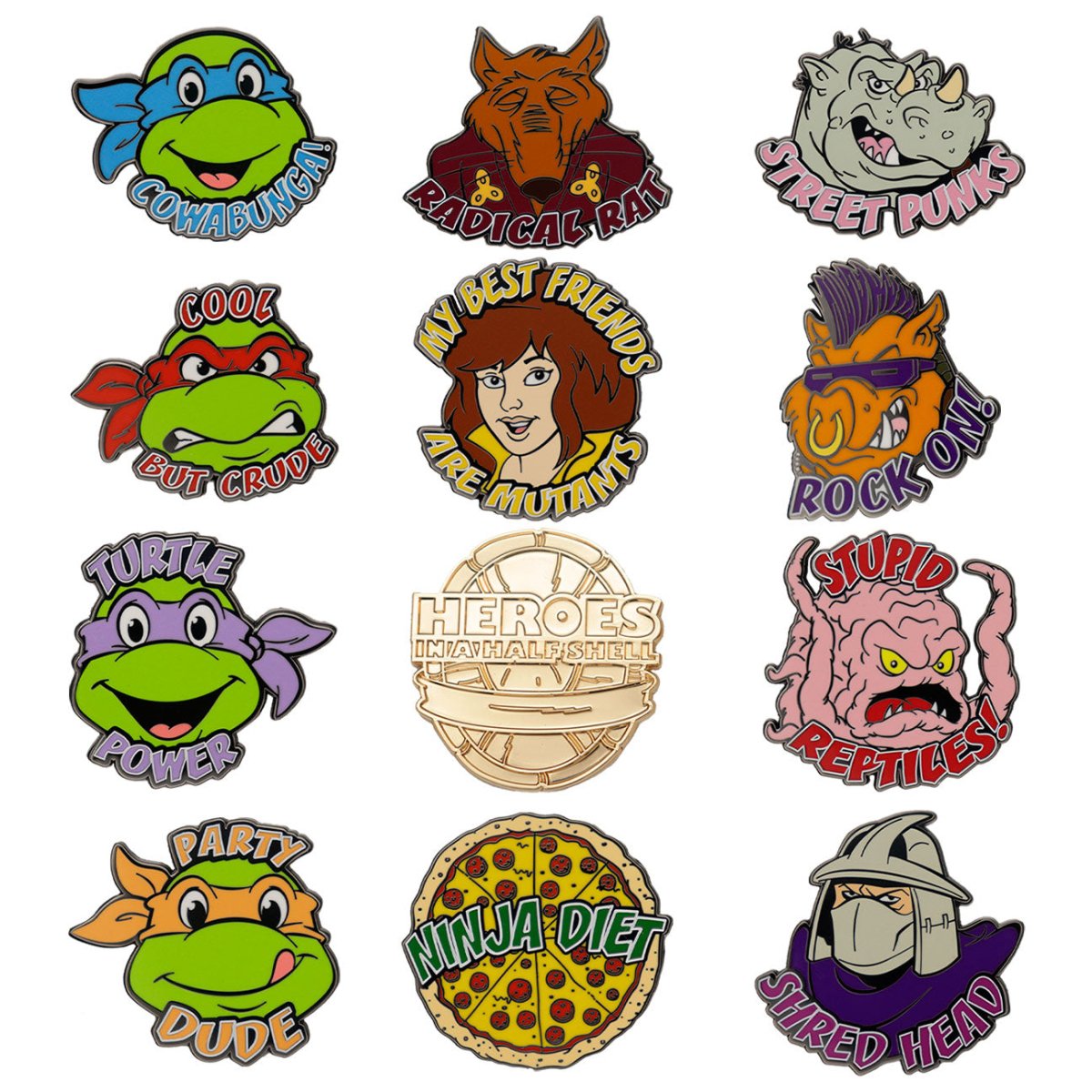All 12 Teenage Mutant Ninja Turtles mystery pin designs by Fanattik, including the rare gold pin