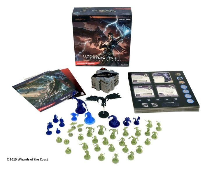 Dungeons & Dragons Temple of Elemental Evil board game, box with tiles, cards and miniatures laid out