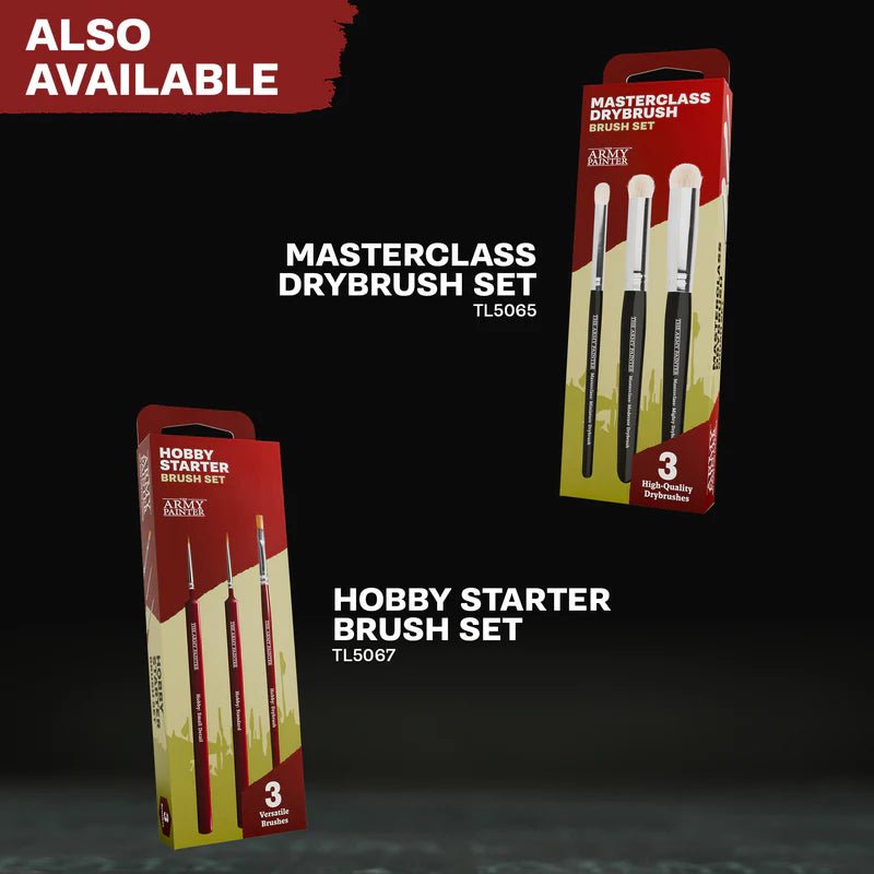 Army Painter promo panel showing the Masterclass Drybrush Set and Hobby Starter Brush Set