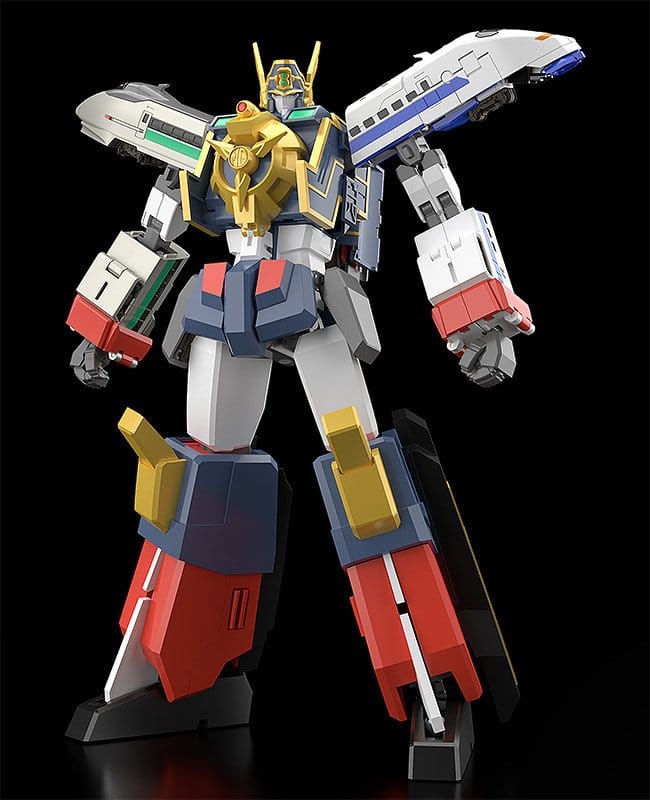 The Brave Express Might Gaine action figure standing on a black background, front view