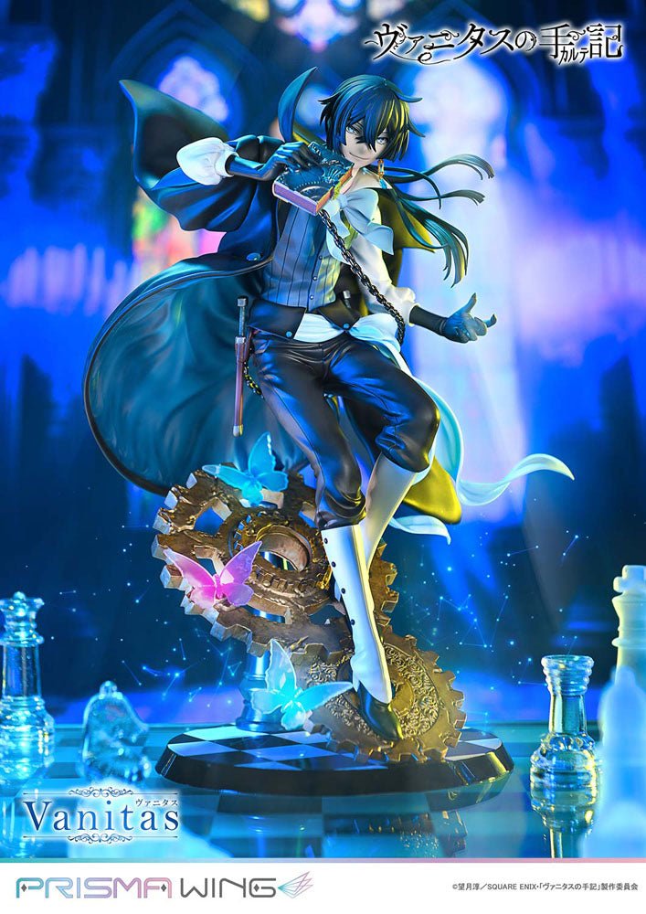 Vanitas PRISMA WING statue on a chessboard base with butterflies, blue-lit display