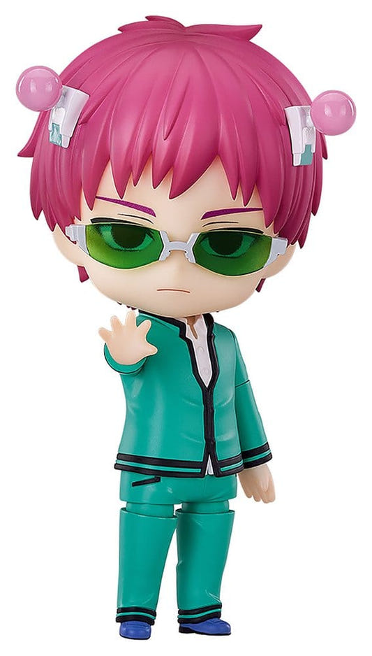 Saiki K. Nendoroid Kusuo Saiki in green uniform, front view on white background