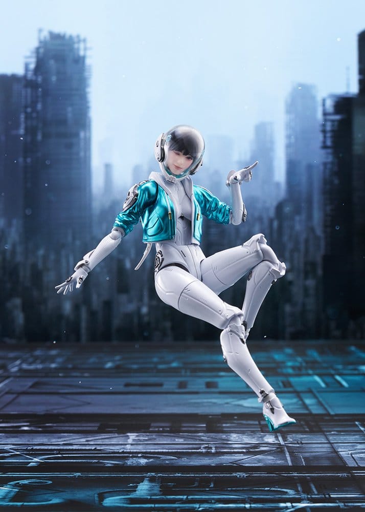 figma Valby action figure leaping against a futuristic city backdrop, The First Descendant